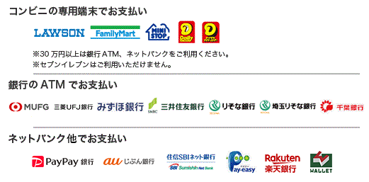 コンビニ(番号端末式)・銀行ATM・ネットバンキングご利用料金
